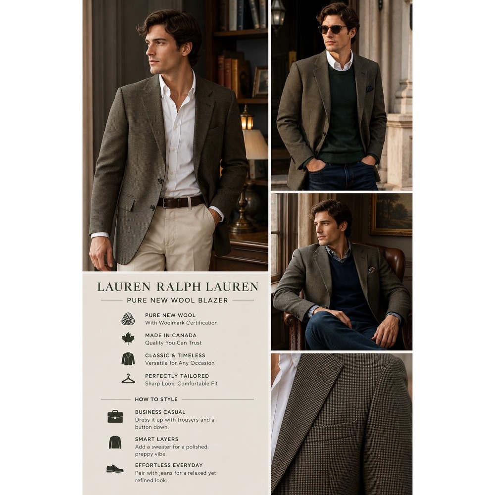 Lauren Ralph Lauren Pure New Wool Blazer Olive Brown Check Sport Coat  38R‎